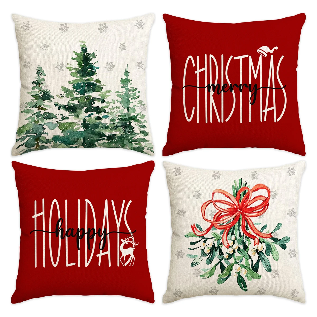 4pcs Christmas Pillow Covers, Vintage Christmas Tree, Reindeer Pattern Sofa Throw Pillow Cases, Home Holiday Decorations