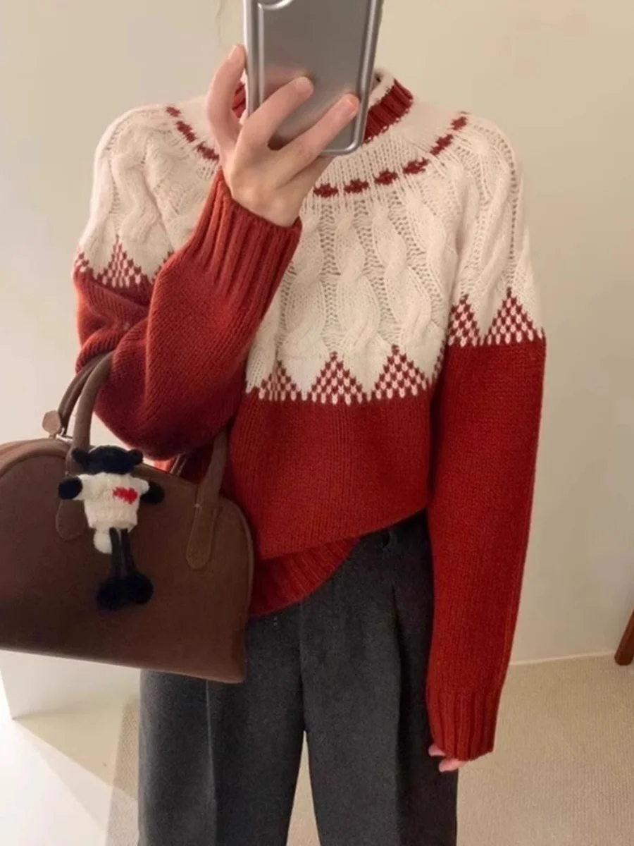 

Теплый мягкий витой цветной трикотаж, повседневный универсальный накладной осенне-зимний утягивающий красный модный свитер для молодых женщин