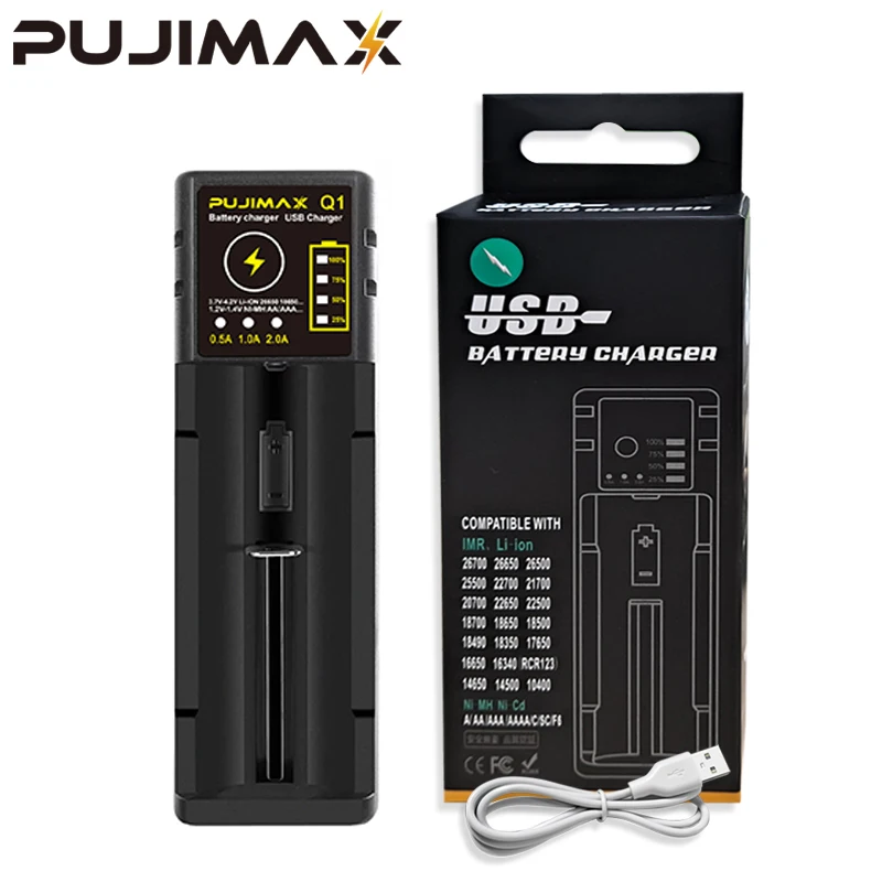 PUJIMAX Universal 18650 Battery Charger With Charging Cable For 18650 26650 21700 18350 3.7V 4.2V Rechargeable Li-ion Battery