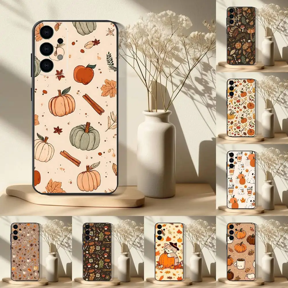 

Phone Case For Samsung S25,S24,S21,S22,S23,S30,Ultra,S20,Plus,Fe,Lite,Note,10,9,5G Autumn leaves pumpkin Black Cover