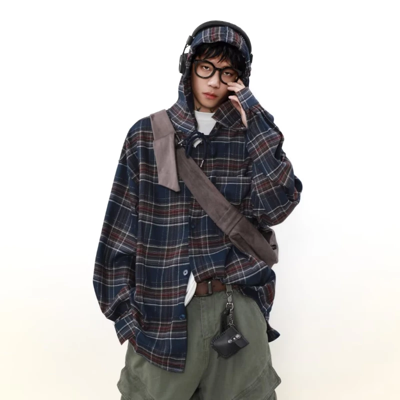 Street Casual Spring Mens Set Hooded Plaid Long Sleeved Shirt Jacket+Multi Pocket Trendy Pants 2-piece Male Fashion Suits New