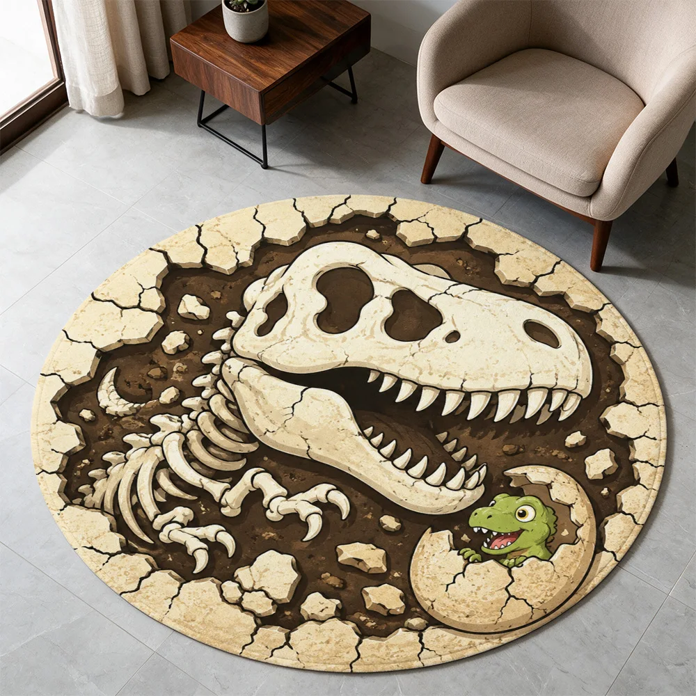 Dinosaur Skeleton and Cute Green Dino Stegosaurus Print Round Area Rug for Kids Nursery Playroom Decor