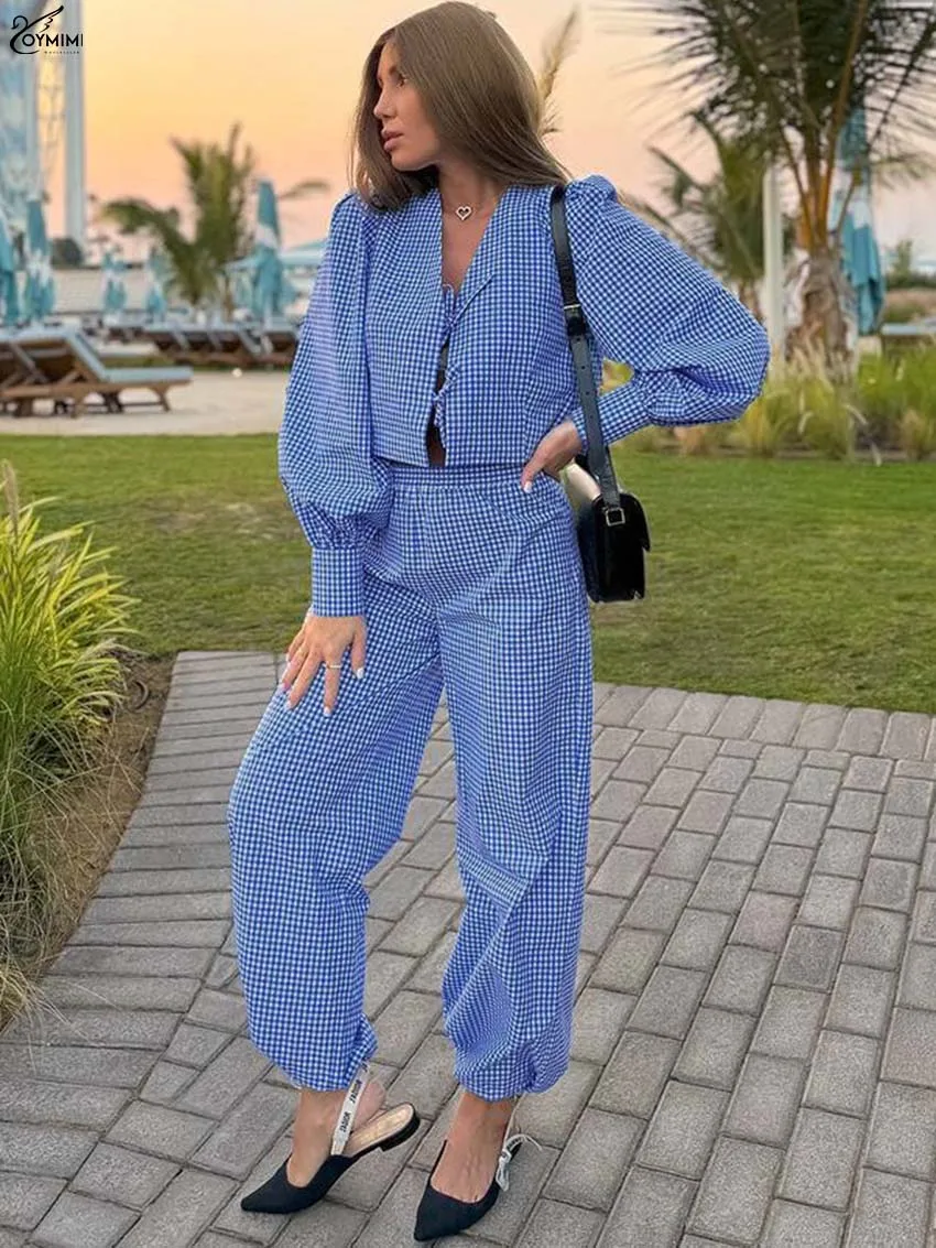 

Элегантный комплект Oymimi из 2 предметов с синим принтом для женщин: модные рубашки с V-образным вырезом, длинными рукавами и шнуровкой, а также брюки со средней талией.