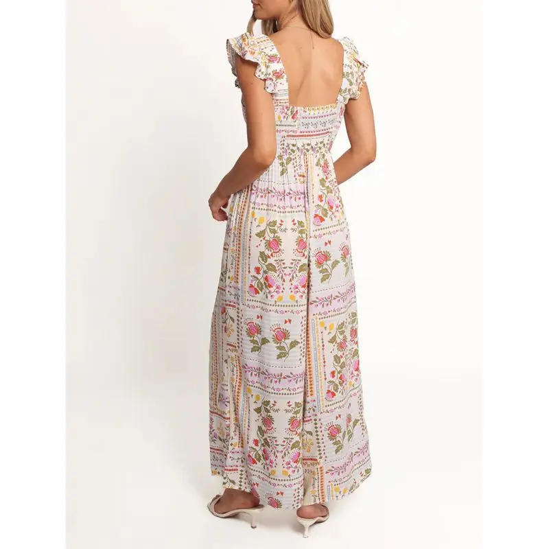 Combhasaki Women Summer Floral Print Flutter Ruffled Fly Sleeve Square Neck Smocked Backless A-Line Long Suspender Tank Dress