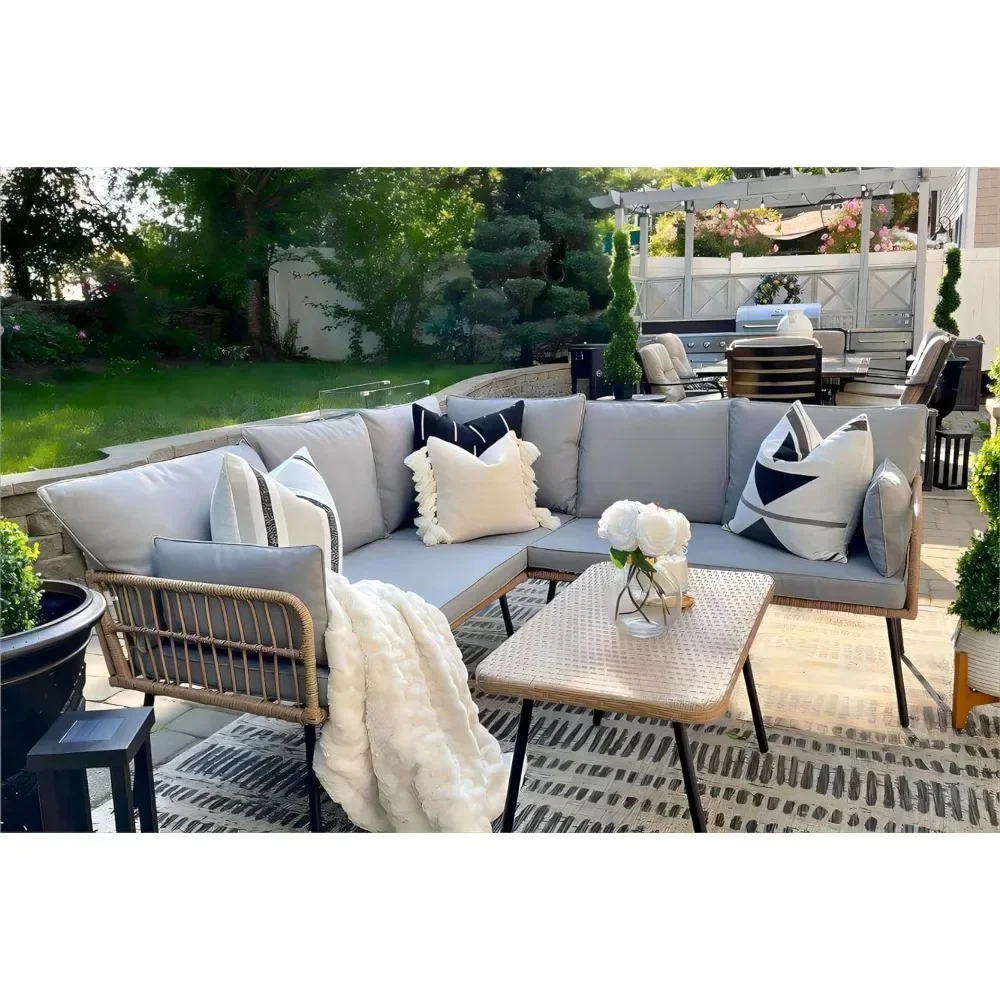 Rattan 4 PCS Patio Furniture Set, Outdoor Wicker Conversation Sectional L-Shaped Sofa with 5 Seater for Backyard, Porch, Grey