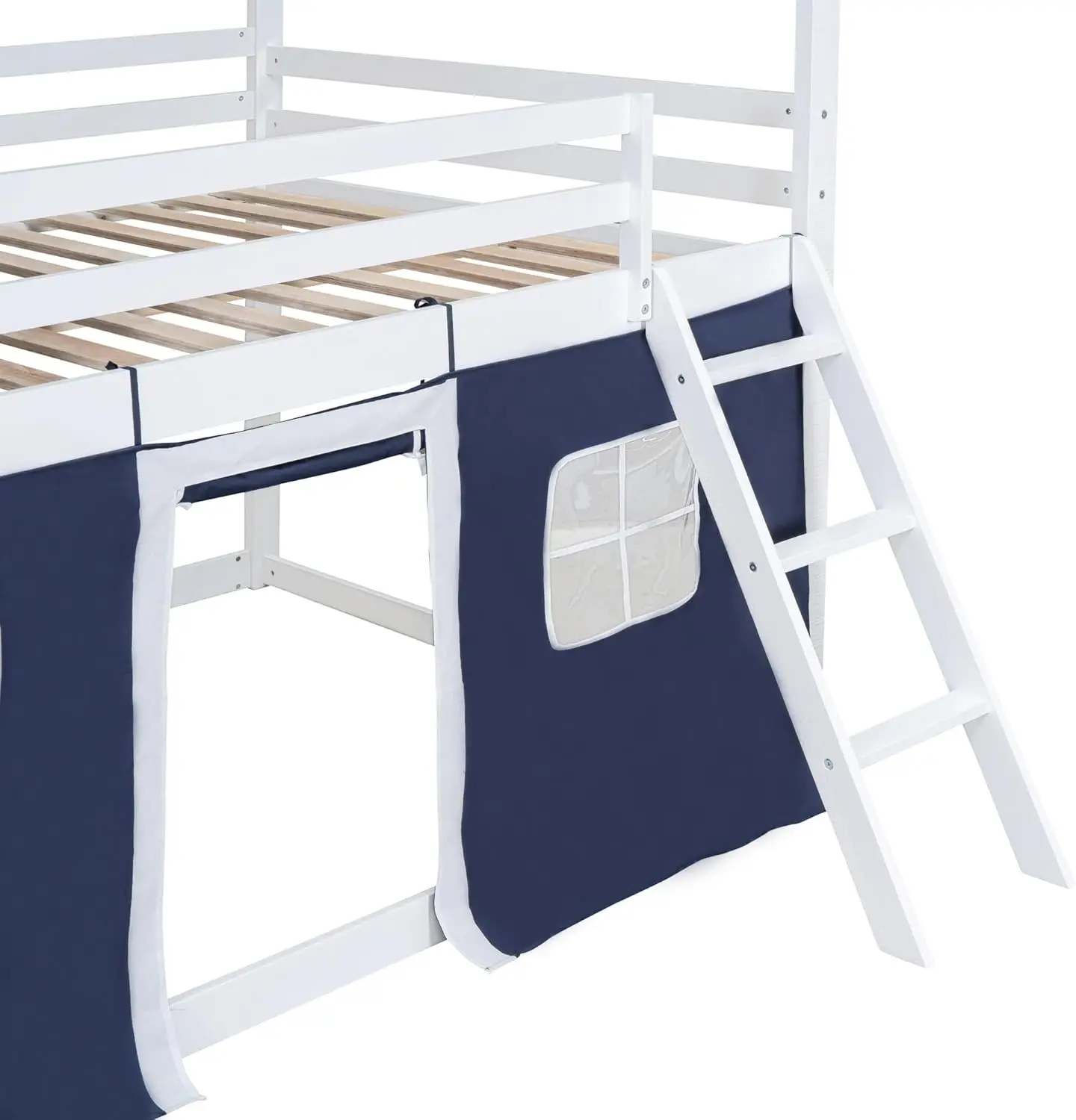 Curry & Bright Design Full Loft Beliche com Tenda, Cama Infantil com Escadas, Guardrail, Janelas e Telhado, Madeira, Casa