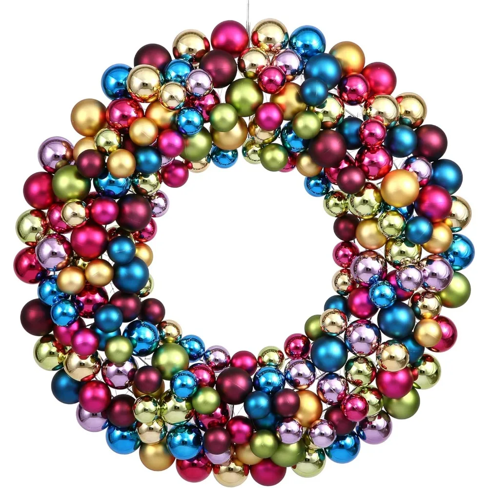 

36" Multi-Colored Shiny and Matte Ball Christmas Wreath with Ornaments - Seasonal Holiday Decoration