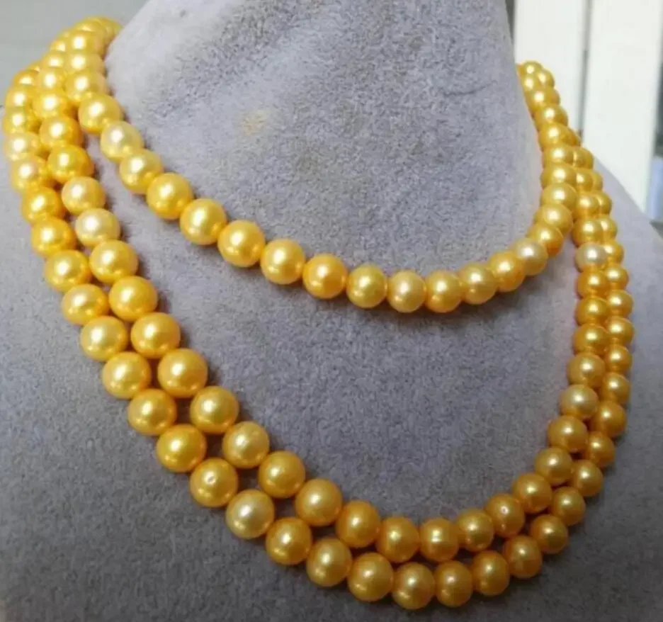 Fashion jewelry  8-9 mm round natural south sea gold pearl necklace 60 inch