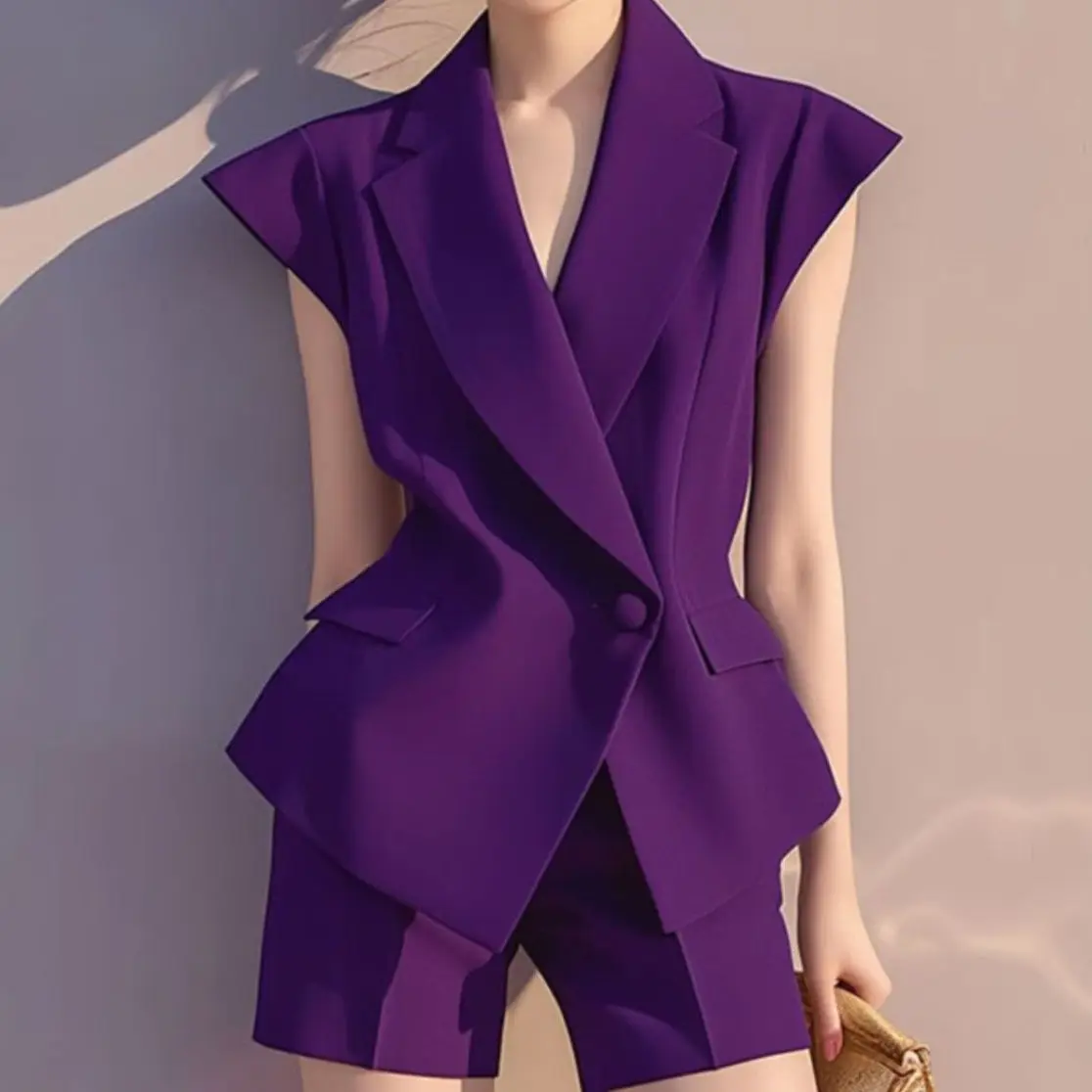 

Ladies Fashion Buttons Solid Color Turn-down Collar Tailored Coat High Waist Shorts Two-piece Suit Summer Trend Irregular Sets