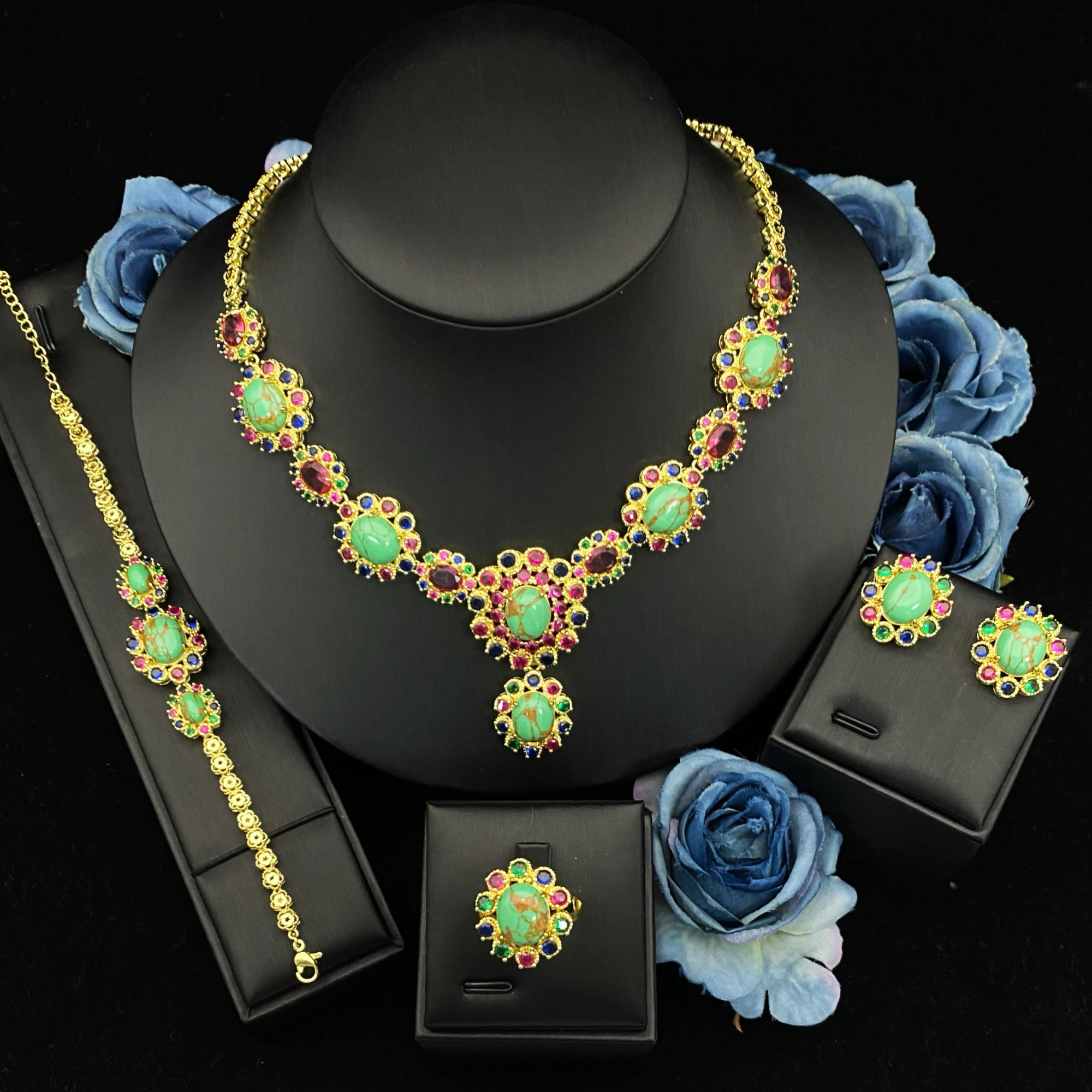 

Falair High Quality Zircon Simulated Jewelry Set for Women Gold Plated Copper Craft Full Set Bracelet Ring Necklace Earrings