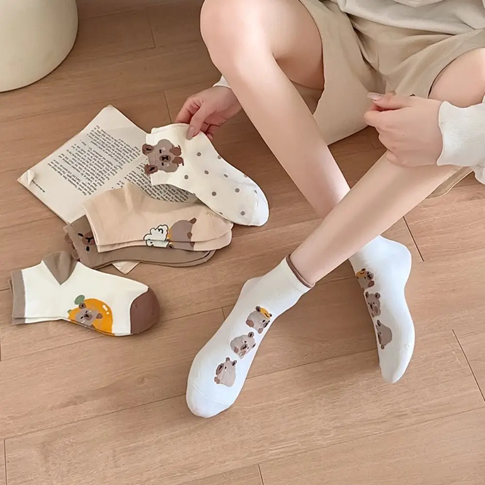 New Cartoon Capybara Socks Lovely Cotton Soft Mid-tube Socks Coffee Thin Casual Hosiery