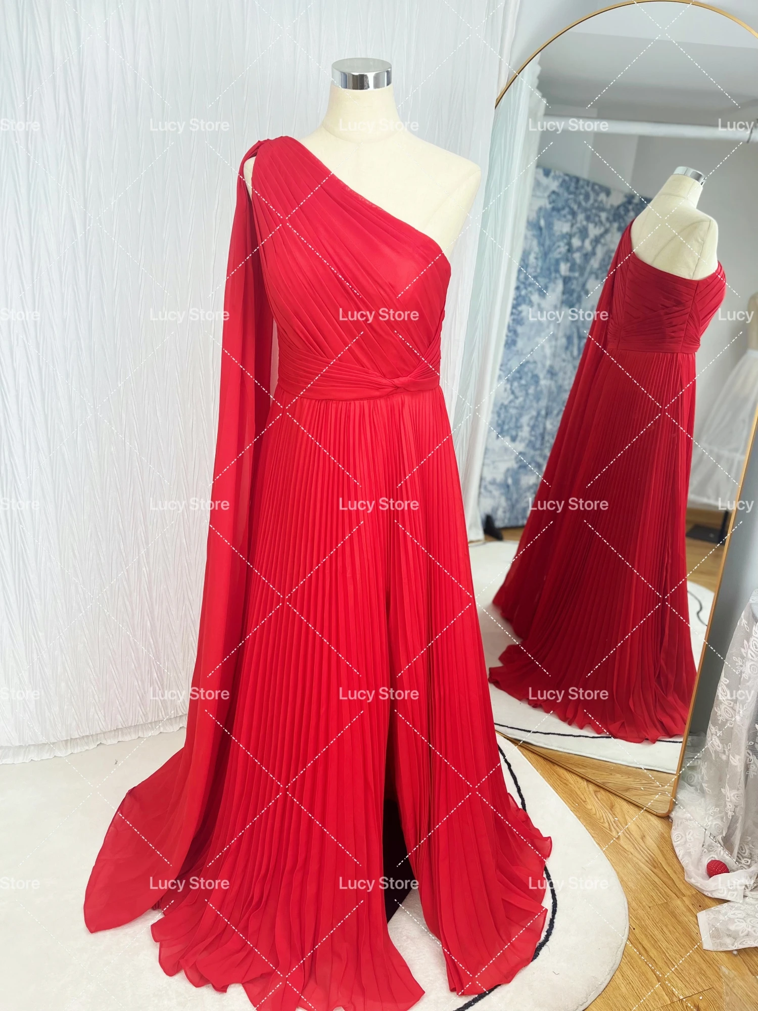 One Shoulder Sleeve Elegant Evening Dresses for Women Chiffon Elegant Guest Wedding Dress Es Red Gala Dress Woman Customized