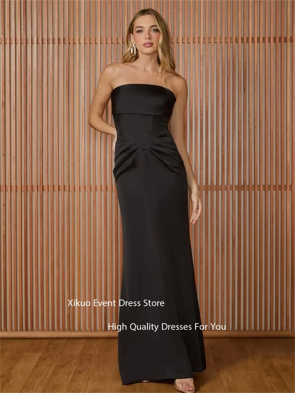 فساتين سهرة Xikuo بدون أكمام من الساتان الأسود بطيات مستقيمة بدون حمالات رداء De Soirée فساتين لحضور الحفلات الموسيقية الطويلة الرائعة حسب الطلب