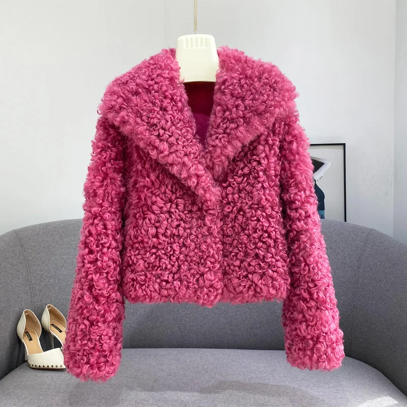 2024 Women Luxury Winter Coat Lamb Fur Women Shearling Jacket Real Wool Turn Down Collar Fashion Crop Coat