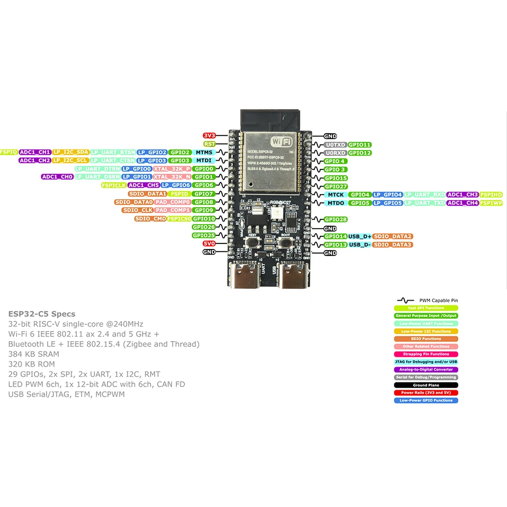 ESP32-C5-H4 Development Board 4MB CH340 Dual Band WiFi6 Bluetooth 5 RISC-V MCU 30Pin Type-C ESP32-C5-DevKitC-1 IoT Smart Module