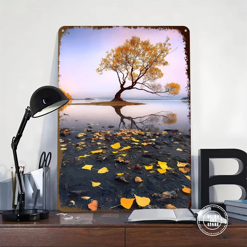 Lone Tree in Autumn Landscape Tinplate Poster Customized Wall Art Vintage Metal Signs Retro Plates for Decoration Room Home Deco