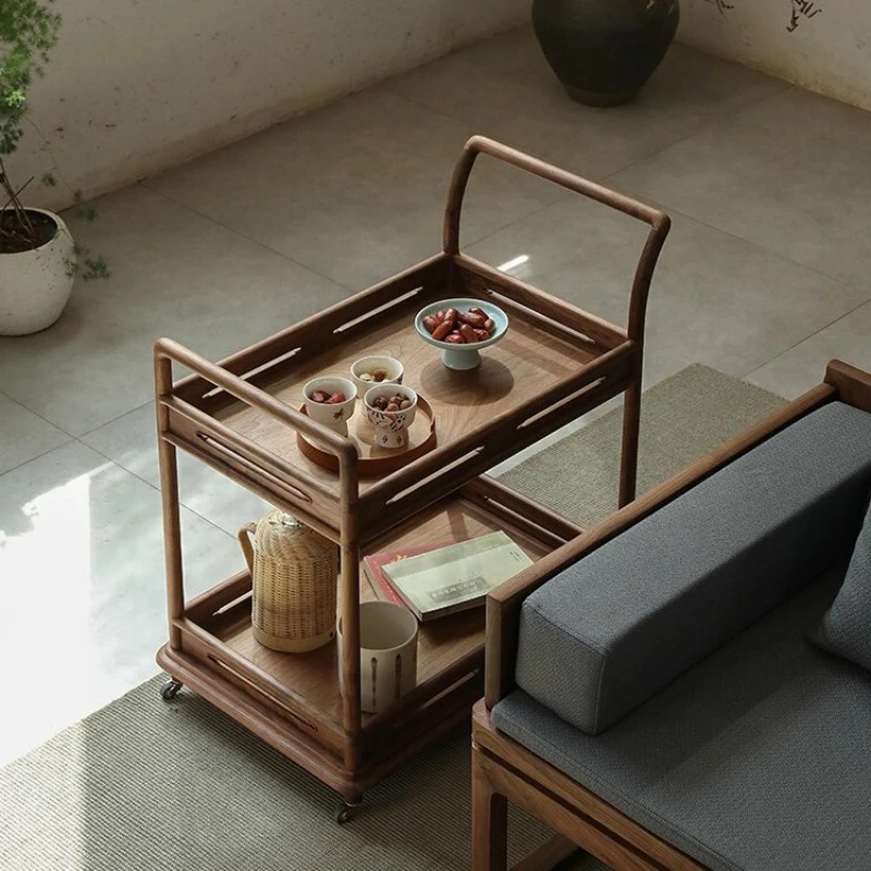 

Solid wood edge few small tea cart coffee table tea cabinet sofa trolley movable dining side cabinet with wheels
