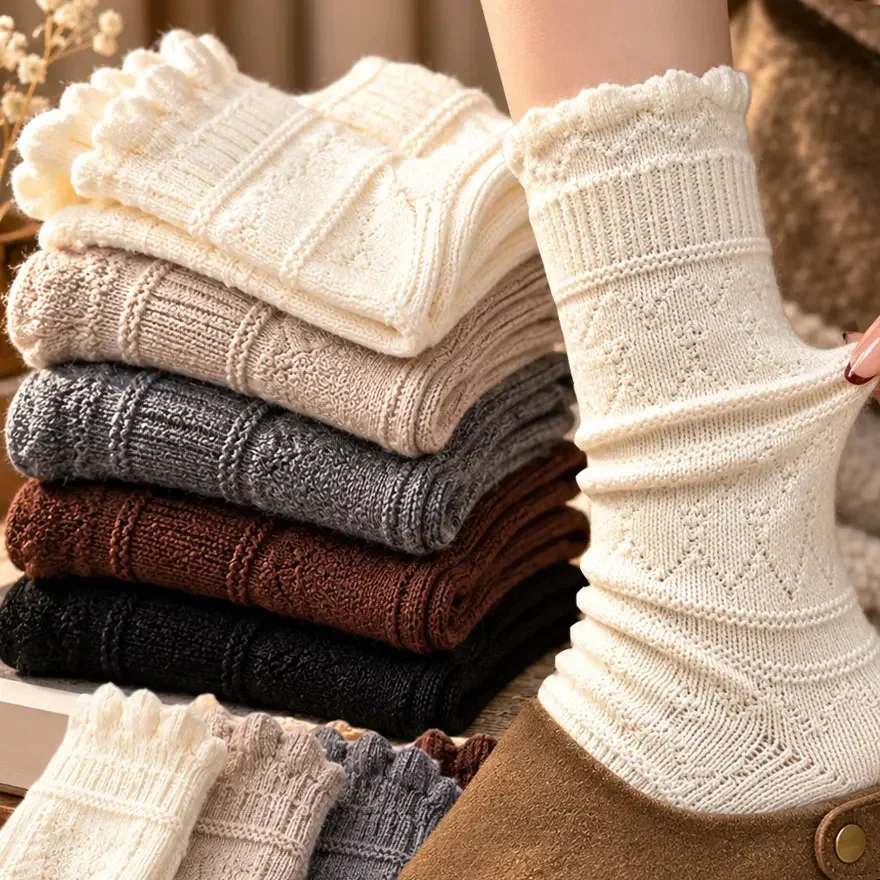 Japanese Style Retro Argyle Wool Texture Socks Mid-length Socks for Autumn Winter Warmth Pile-up Long Socks for Skirts Outfit