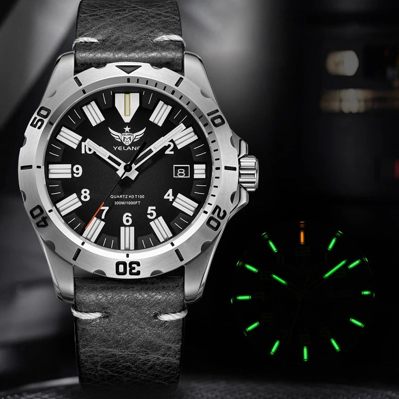 Мужские кварцевые часы YELANG 42MM V1036 с люминесцентным циферблатом, литиевым механизмом (10 лет службы), вращающимся циферблатом, водонепроницаемостью 30ATM (300 м), в стиле милитари