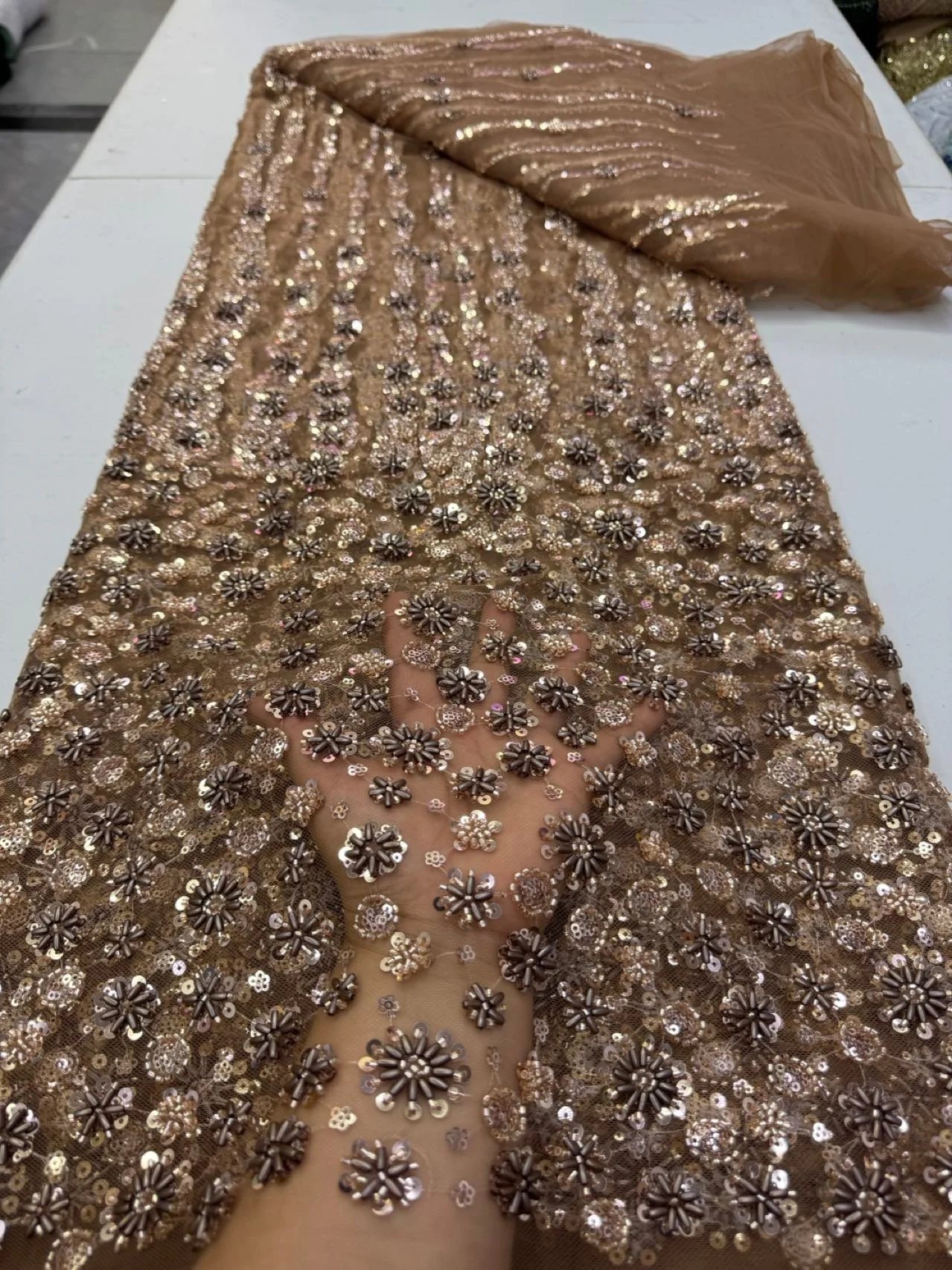 

2026 Nigerian Sequins Tulle Lace Fabric High-Quality Embroidery African Net Cloth for Prom Dresses Beads 5 Yards JY534