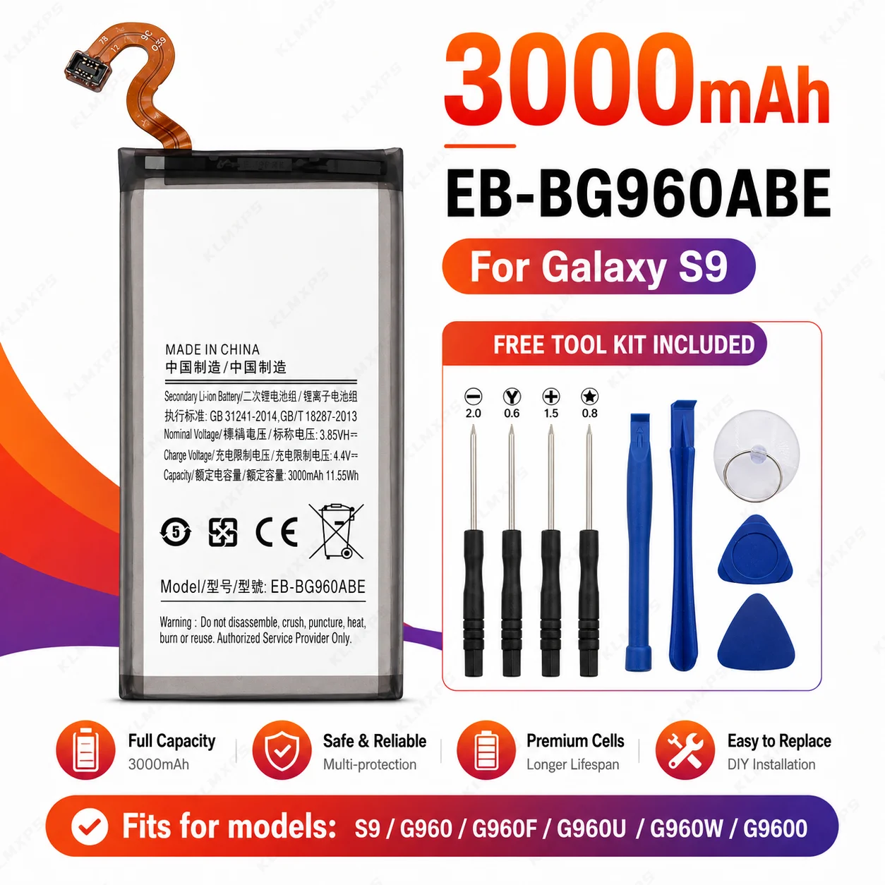 High Capacity 3000mAh Replacement Battery EB-BG960ABE for Samsung Galaxy S9 G9600 SM-G960F G960U G960W Long Lifespan