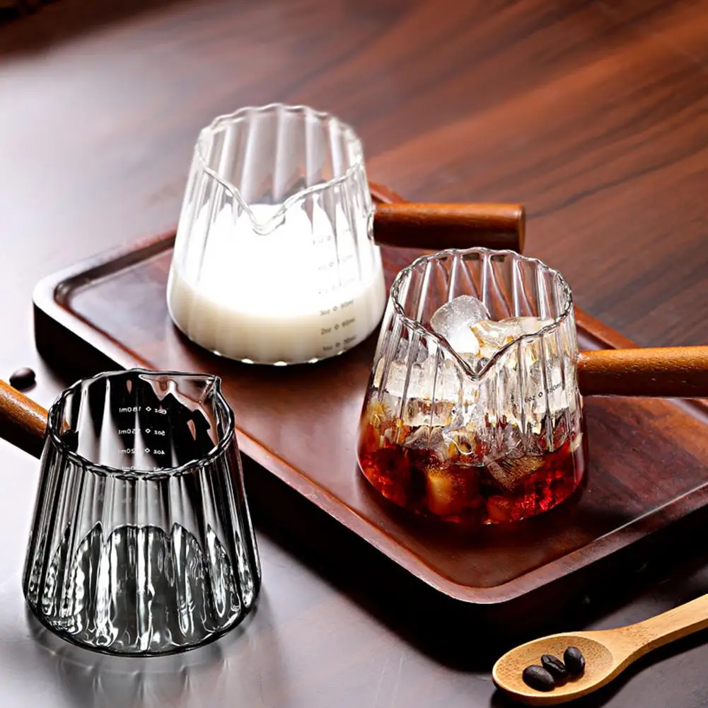 Frothing Pitcher with Wooden Handle High Borosilicate Glass Cup with Measuring Scale Decor Pouring Cup for Home Bar Use