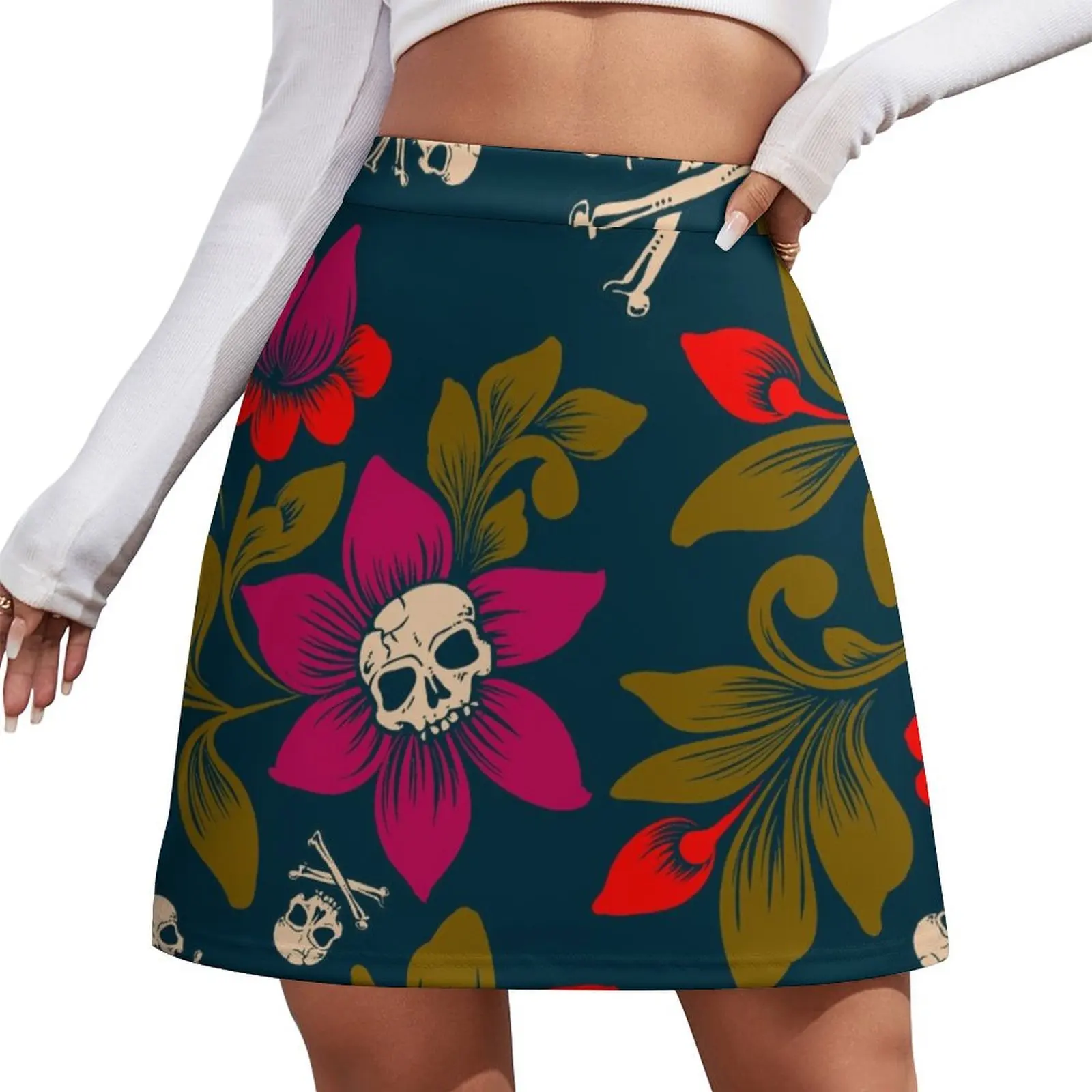 

Colorful Skull and cross Death flowers tropical tiki goth floral skull pattern Mini Skirt mini skirt Mini Skirt