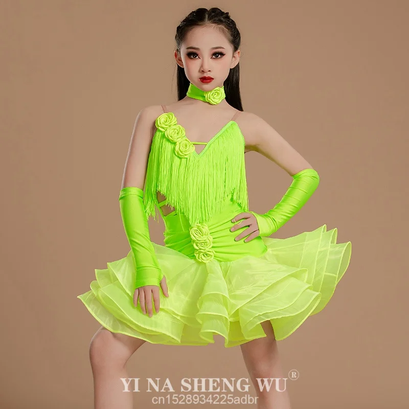 

Детские костюмы для латинских танцев, детская одежда для бальных танцев для девочек, танцевальная одежда на тонких бретельках, боди с открытой спиной и кисточками, распашные юбки