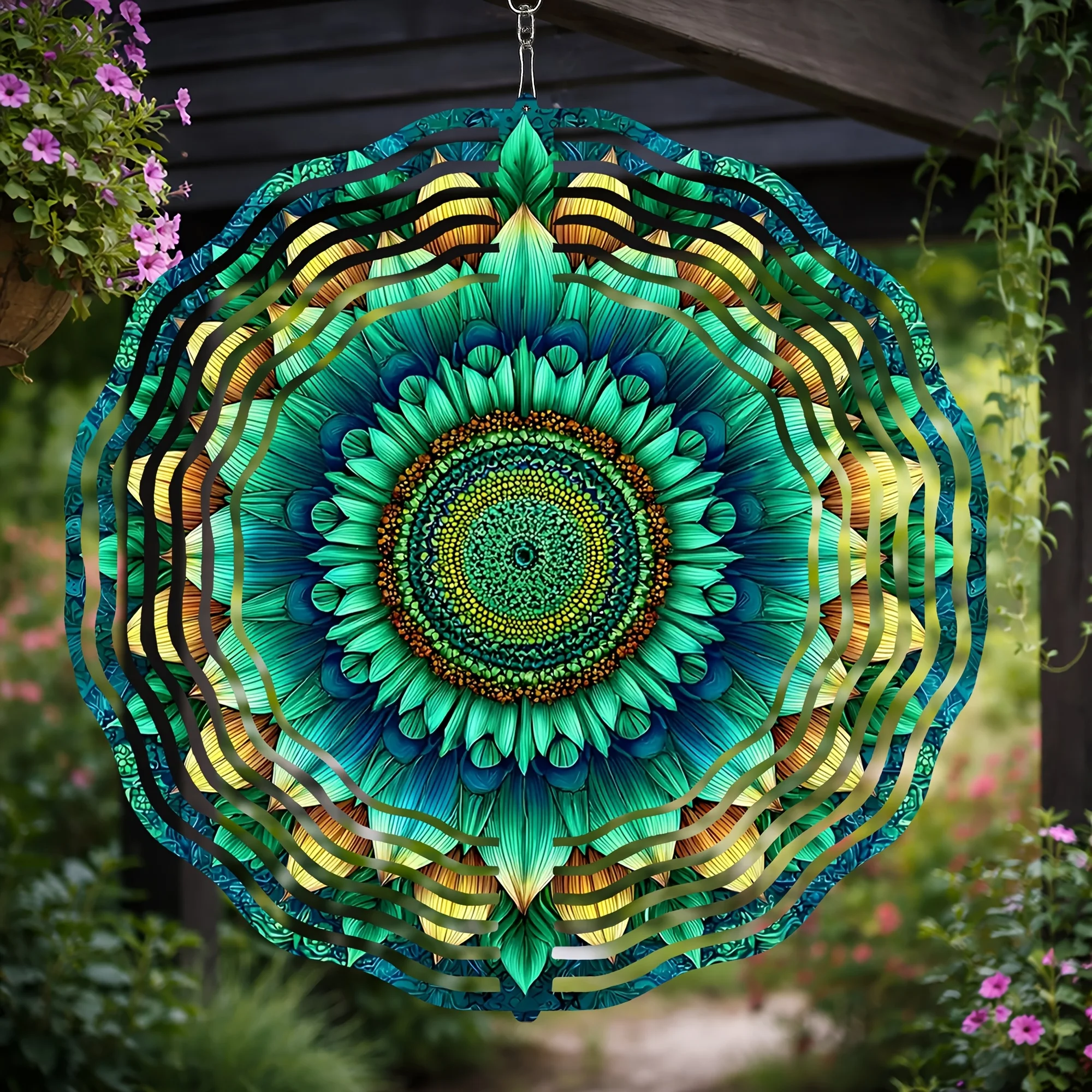 Bunte Metall-Windspiele, Abstrakte Blumenkunst mit Symmetrischen Blütenblättern & Geometrischem Mittelteil, Gartendekoration für Draußen, Einzigartiges Einweihungsgeschenk