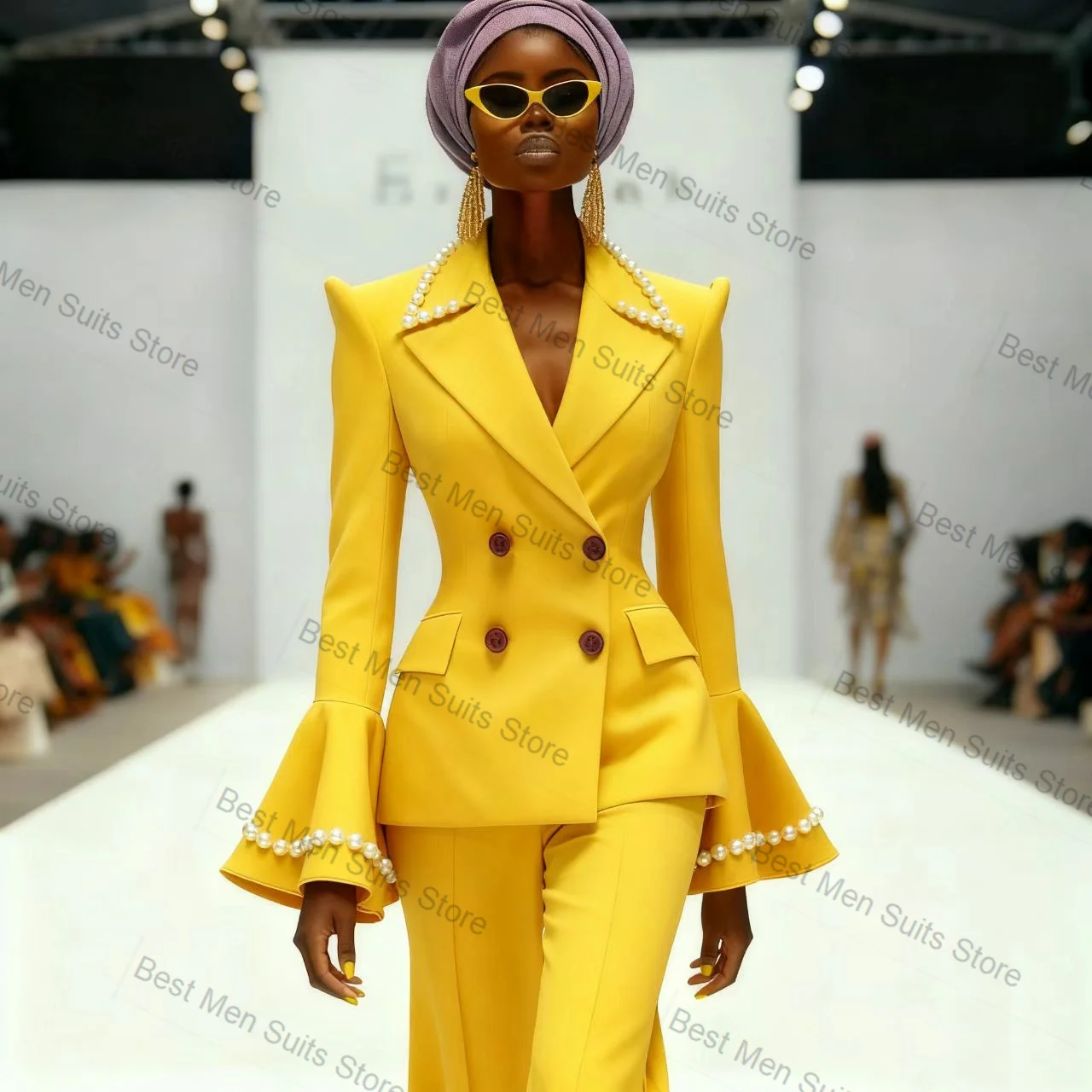 Pearls Women Suit Set 2 Pcs Blazer Pants Trousers Yellow Spring Cotton Formal Office Jacket Customized Wedding Tuxedo Guest Coat view 5