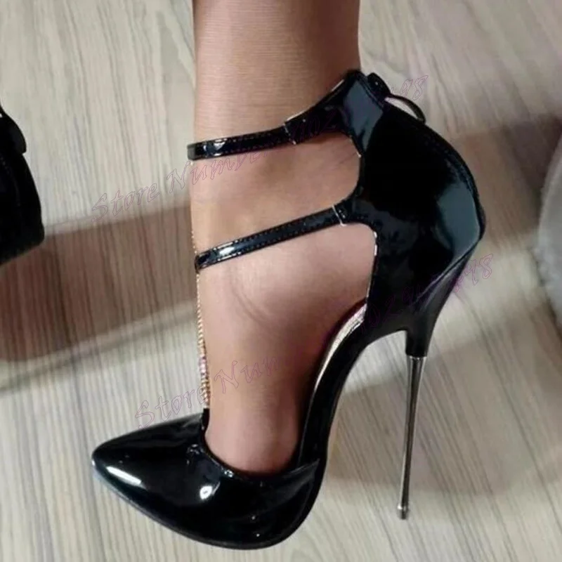 Décolleté con tacco in metallo nero con cinturino a T scarpe con tacco a punta per donna tacchi a spillo tacchi alti scarpe Sexy 2024 Zapatos Para