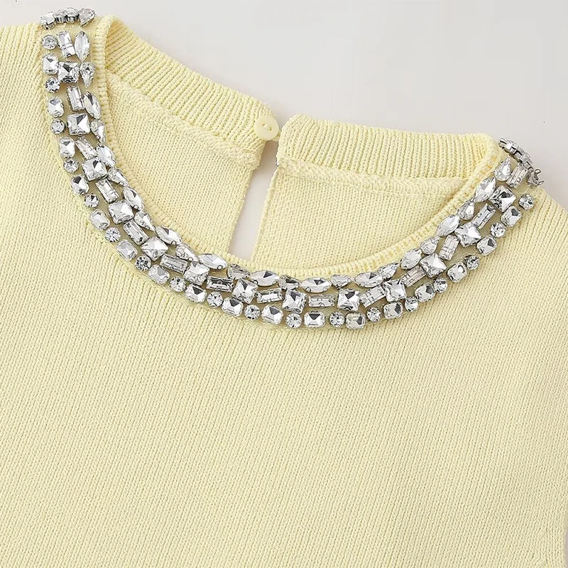 KUCLUT Women Fashion Diamonds Decoration Yellow Knitted Pullover Vest Casual O-Neck Sleeveless Female Chic Lady Tops knitwear