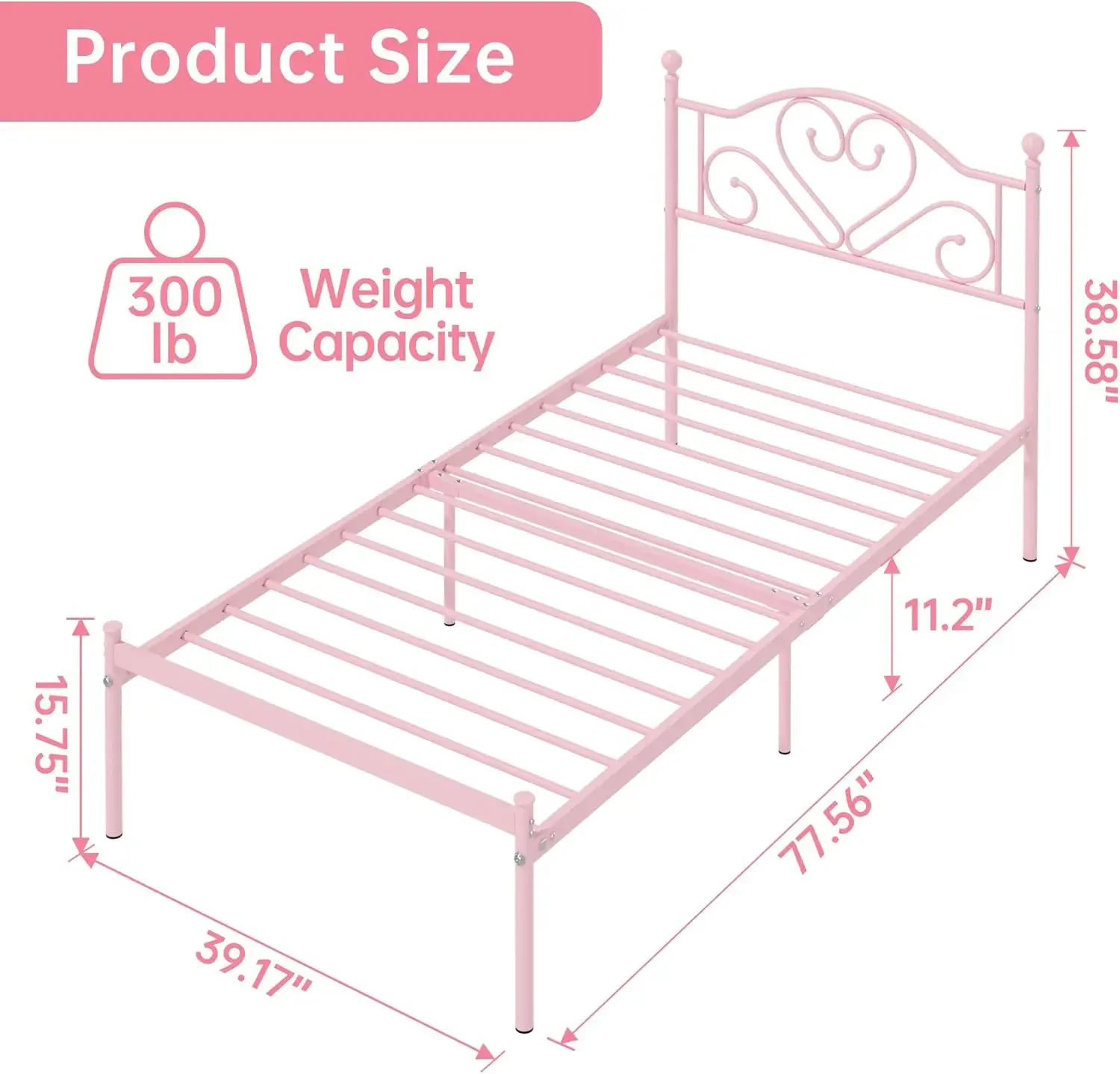 Twin Bed Frames with Headboard, Heavy Duty Metal Platform Bed Under Bed Storage Space Easy Assembly for Kids Girls Adults, Pink