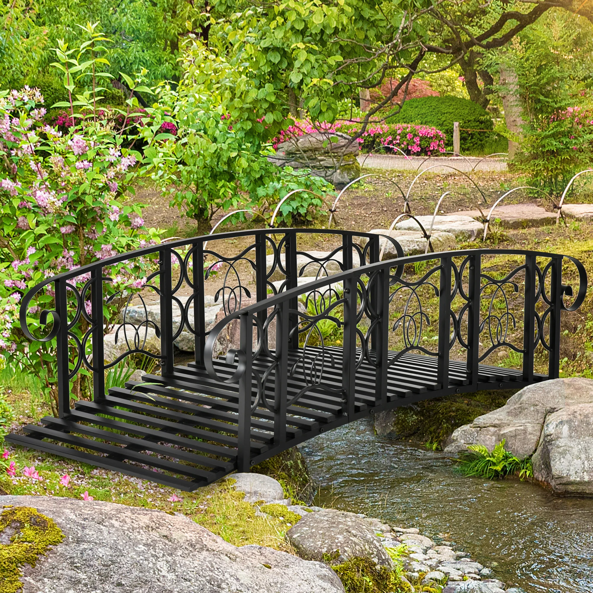 6FT Garden Bridge with 660lbs Capacity Steel Pond Bridge, Black
