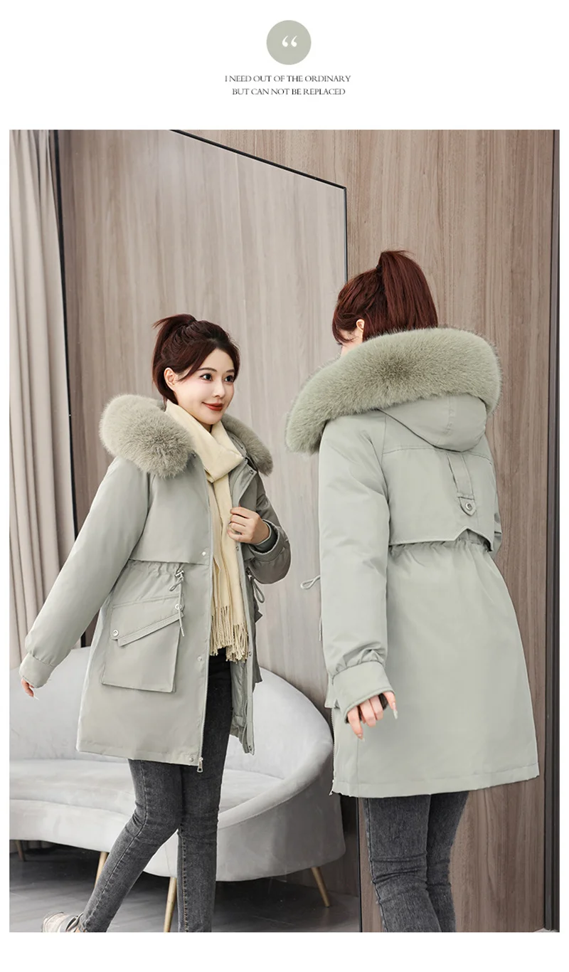 2026 New Winter Coat Down Padded Jacket Women Parkas Fur Collar Thick Hooded Cotton Coats Black Casual Outerwear Female Clothes