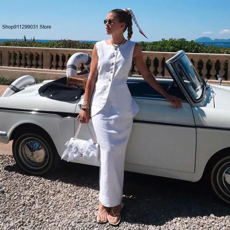 White Cotton High Waist Skirt Suit Women Sleeveless Vest 2-Piece Casual Professional Style