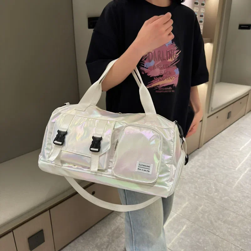 Holographic Glamour Duffel Bag - Spacious,Stylish Shoulder Tote with Shoe Compartment for Effortless Weekend Escapes -