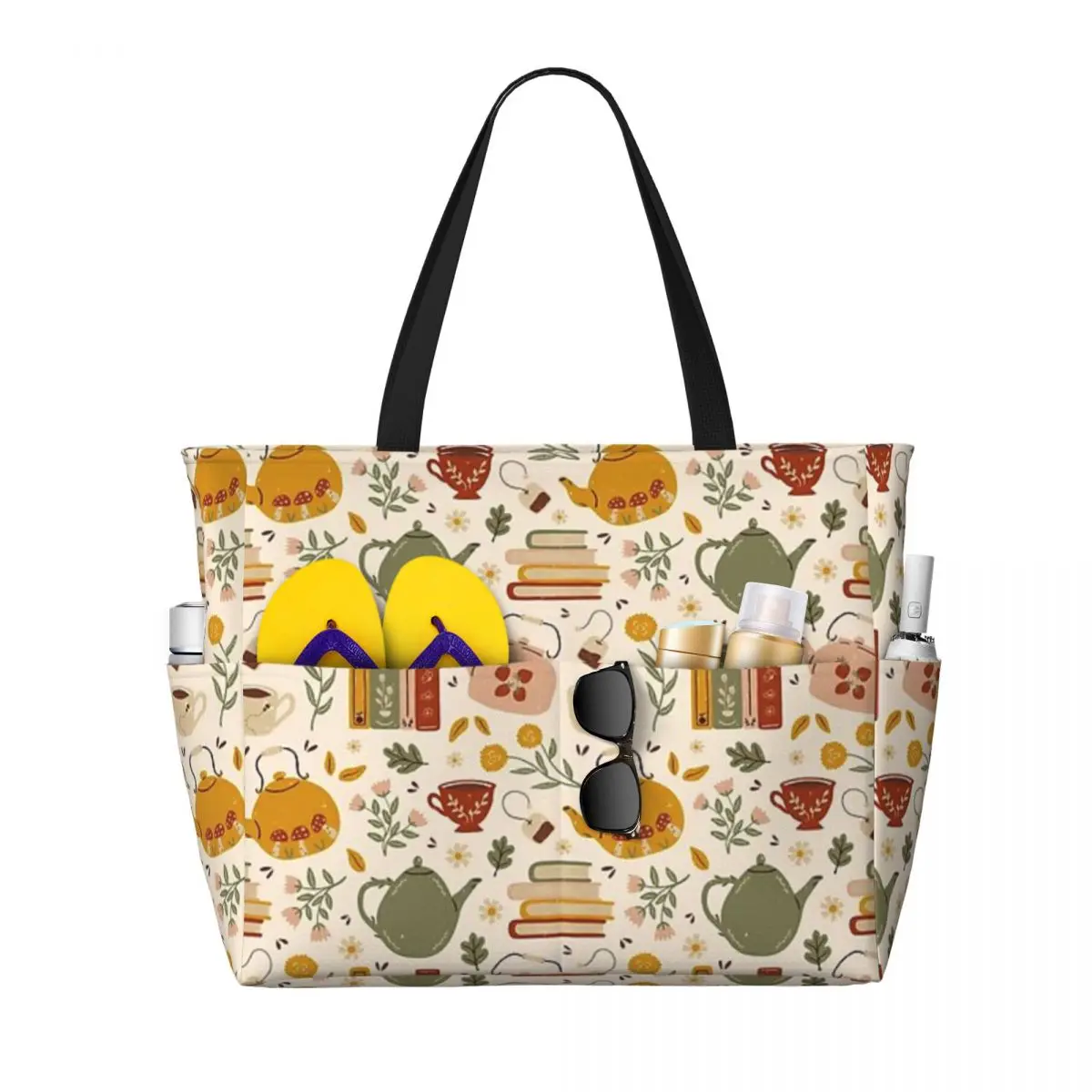 

Flowery Books And Tea Large travel bag Waterproof Tote Beach Bag Large Capacity Travel Shopping bags