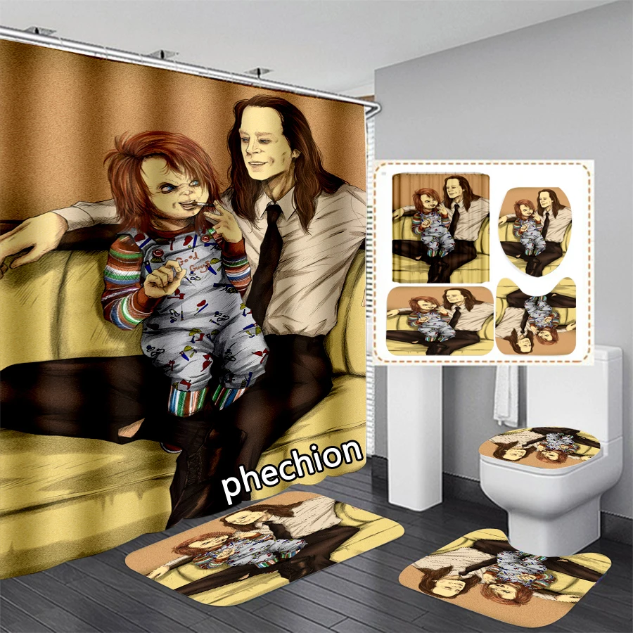 phechion New Fashion 3D Print Horror Chucky Shower Curtain Waterproof Bathroom Curtain Anti-slip Bath Mat Set Toilet Rugs VR267