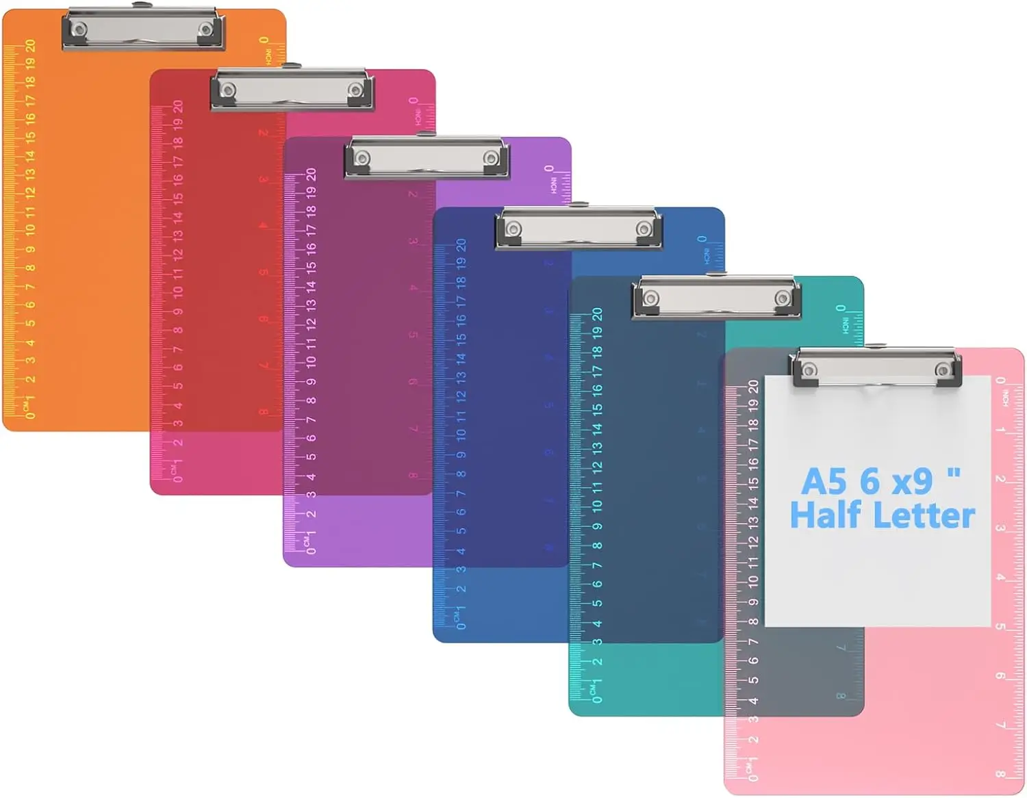 

6-Pack A5 Clipboards with Ruler, Colored Clear Boards for Students & Office, Low Profile Clip, 6" x 9" Size