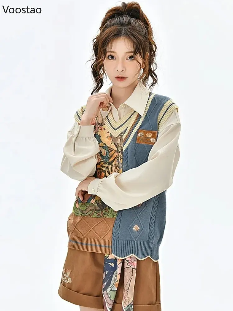 Vintage Sweet Sweater Vest Spring Autumn Women Casual Cartoon Jacquard Knitted Jumpers Tops Female V-Neck Waistcoat Knitwear