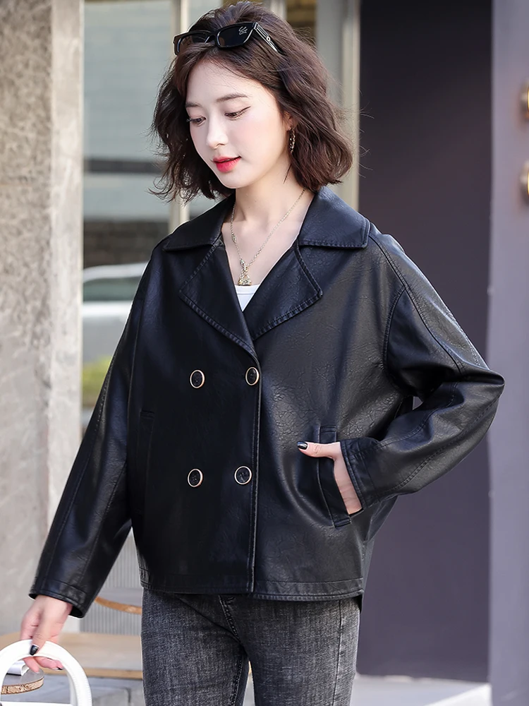 Veste en cuir véritable pour femmes, coupe ample, col de costume slim, veste en peau de mouton, costume de moto décontracté, nouveau modèle 2025