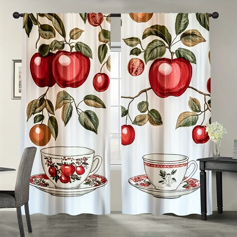 Apple & Teapot Pattern Rod Pocket Window Curtains - Popular Nature Room Decor for Bedroom Living Room Kitchen Set of 2 Panels