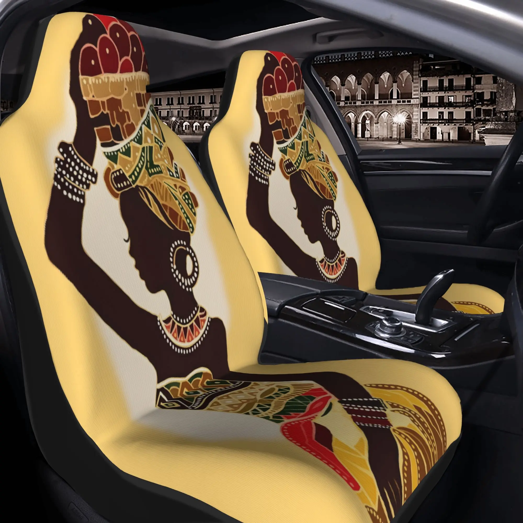 2pcs Vibrant African Woman With Fruit Basket: Traditional Art And Cultural BeautyCar Seat Covers, Suitable For All Vehicles, Chr
