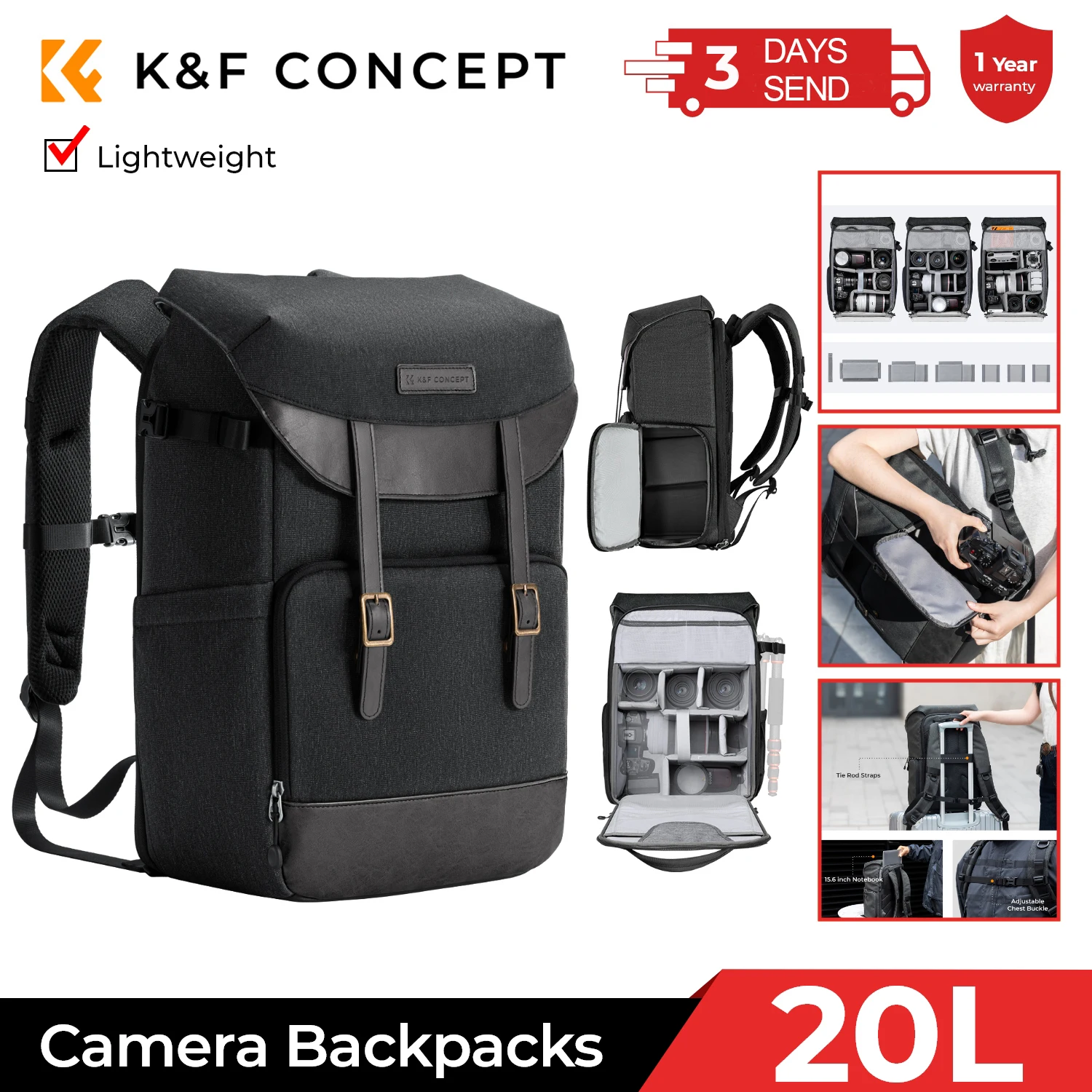 K&F CONCEPT 20L Professional Photography Backpack for Nikon Canon Leica Camera Backpack Men Travel Hiking Outdoor Tripod Carrier