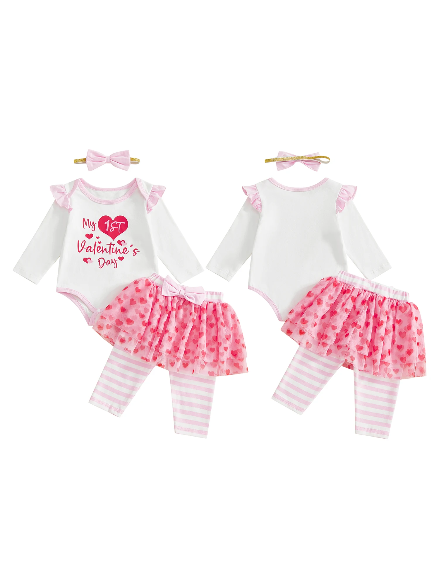 

Valentine s Day Baby Girl Outfit Heart Print Long Sleeve Romper Striped Skirt Pants and Bow Headband 3 Piece Set for Infants