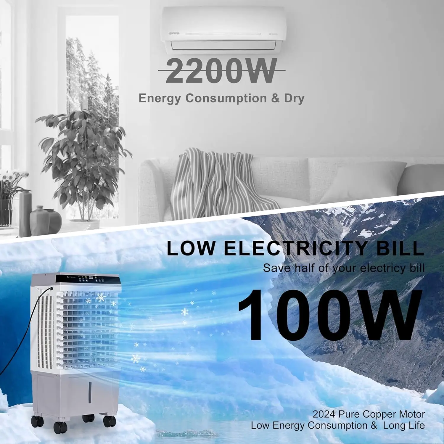 مبرد مستنقع، مبرد هواء تبخيري 3 في 1 مع محرك نحاسي جديد مطور 2025، خزان مياه 5.3 جالون، 4 عبوات ثلج، مؤقت 12 ساعة