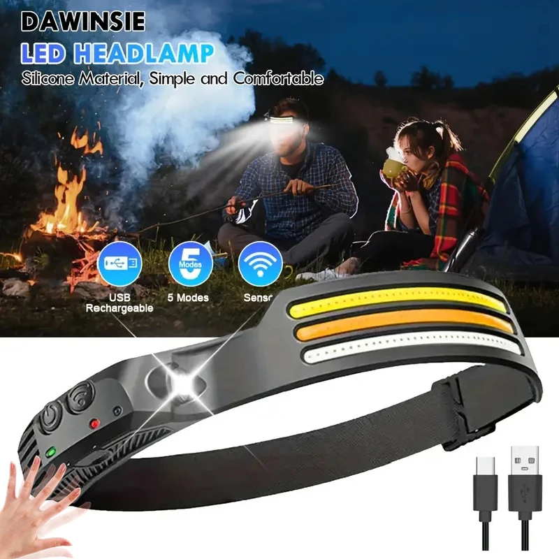 

Перезаряжаемый налобный фонарь, светодиодный сенсорный фонарь, рабочий свет COB со встроенной батареей, уличный водонепроницаемый фонарик для кемпинга, рыбалки