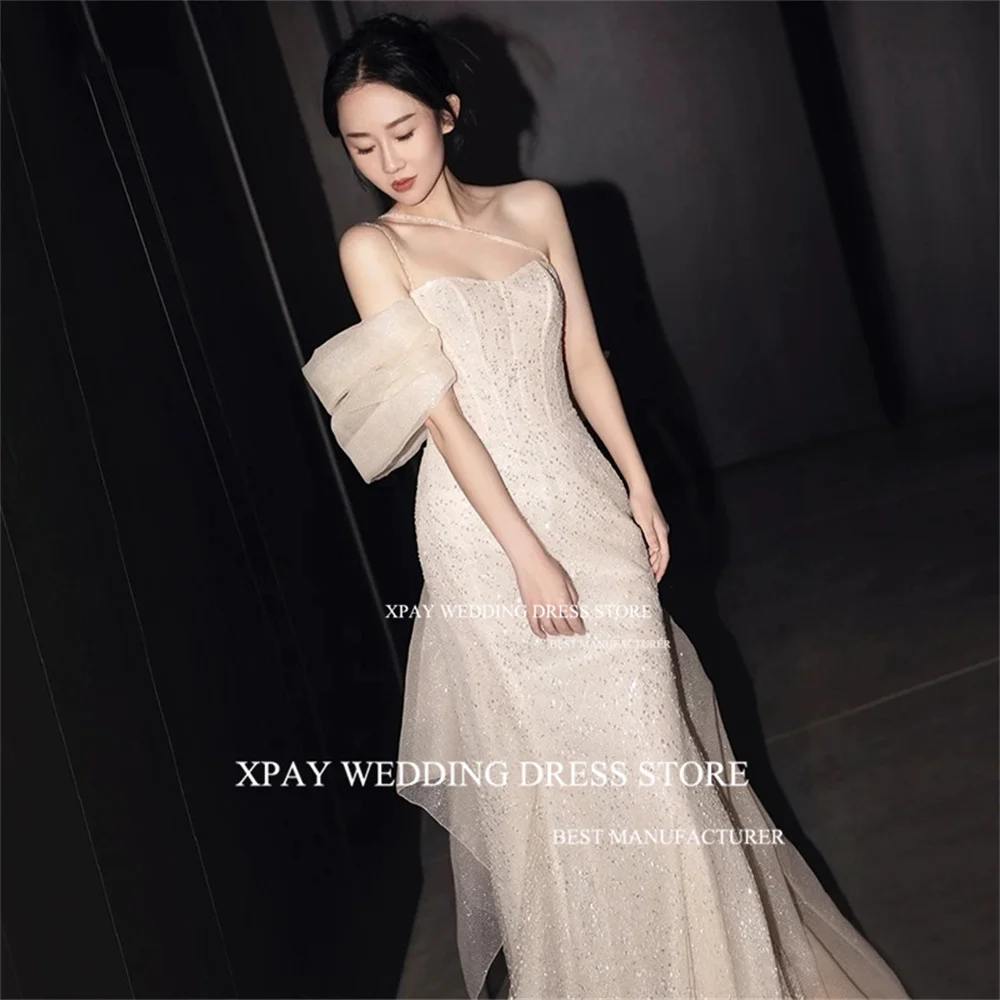 XPAY Sweetheart Champagne Korea Evening Dresses Spaghetti Beading Strap Sparkly Sequined Wedding Photo Shoot Birthday Party Gown