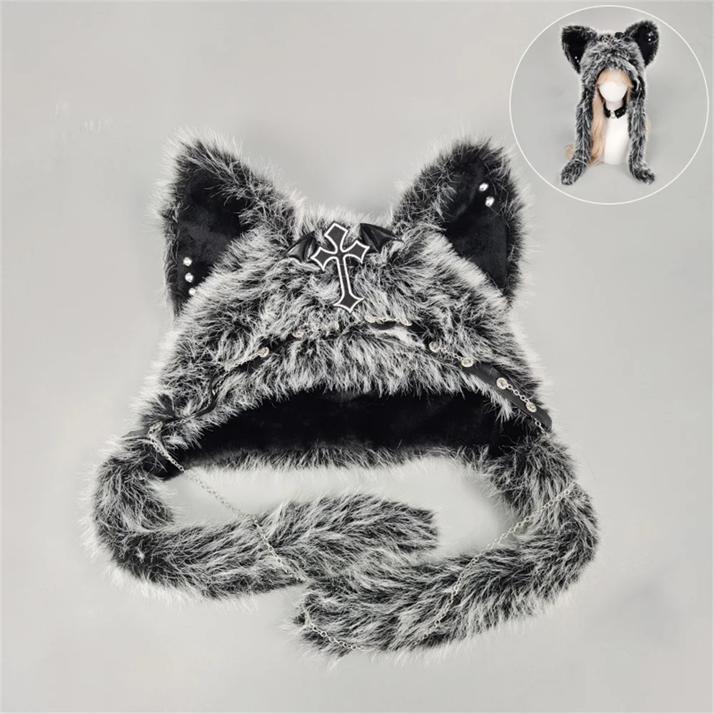 LAD MUSICIAN SHAGGY CAT EAR KNIT CAP 猫耳 New Gothic Punk Cat Ear Hat with Cross Wing Chain Decoration Plush
